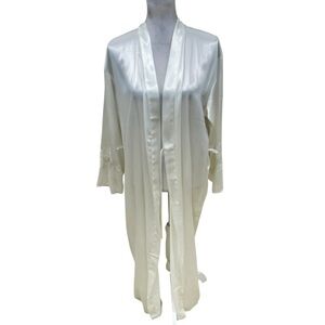 Talbots white bridal long belted Satin Robe embroidered sheer sleeve size 8